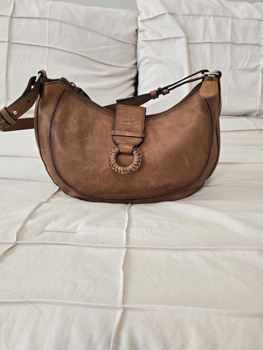 Brown Genuine Leather Crescent Shoulder Bag - Classic Women's Bag